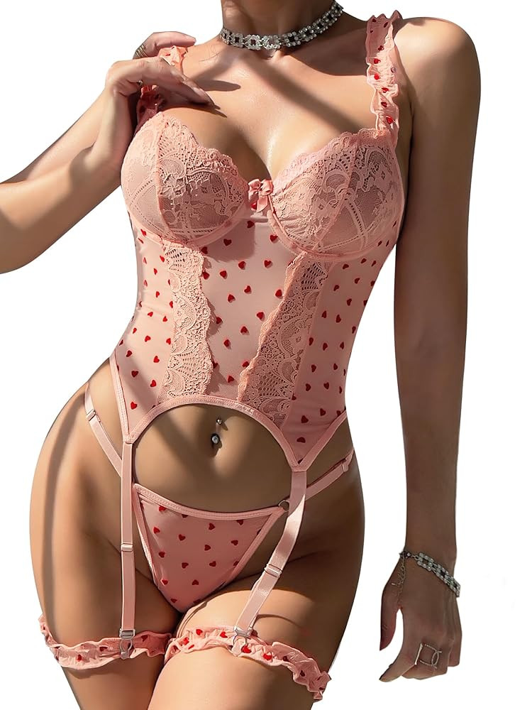 Women's Sexy Lingerie Set Lace Bodysuit Teddy Baby Dolls Panty Teddy Lingerie 3 Piece with Garter Belt