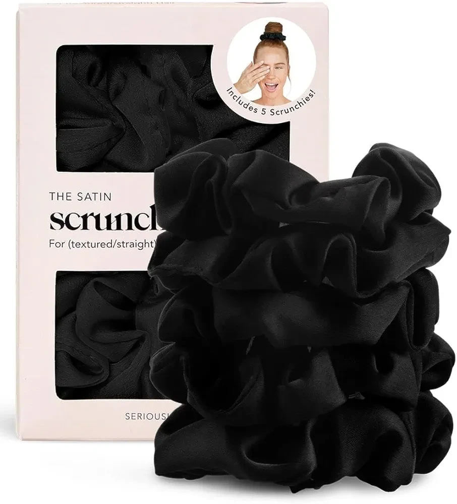 Kitsch Satin Scrunchies for Women - No Crease Hair Ties for Girls | Scrunchies For All Hair Types and Textures, Perfect for Day or Night - 5 Pcs, Black