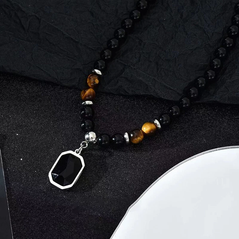 Black Beads With Square Pendant Necklace For Men Trendy Accessories Male Gift
