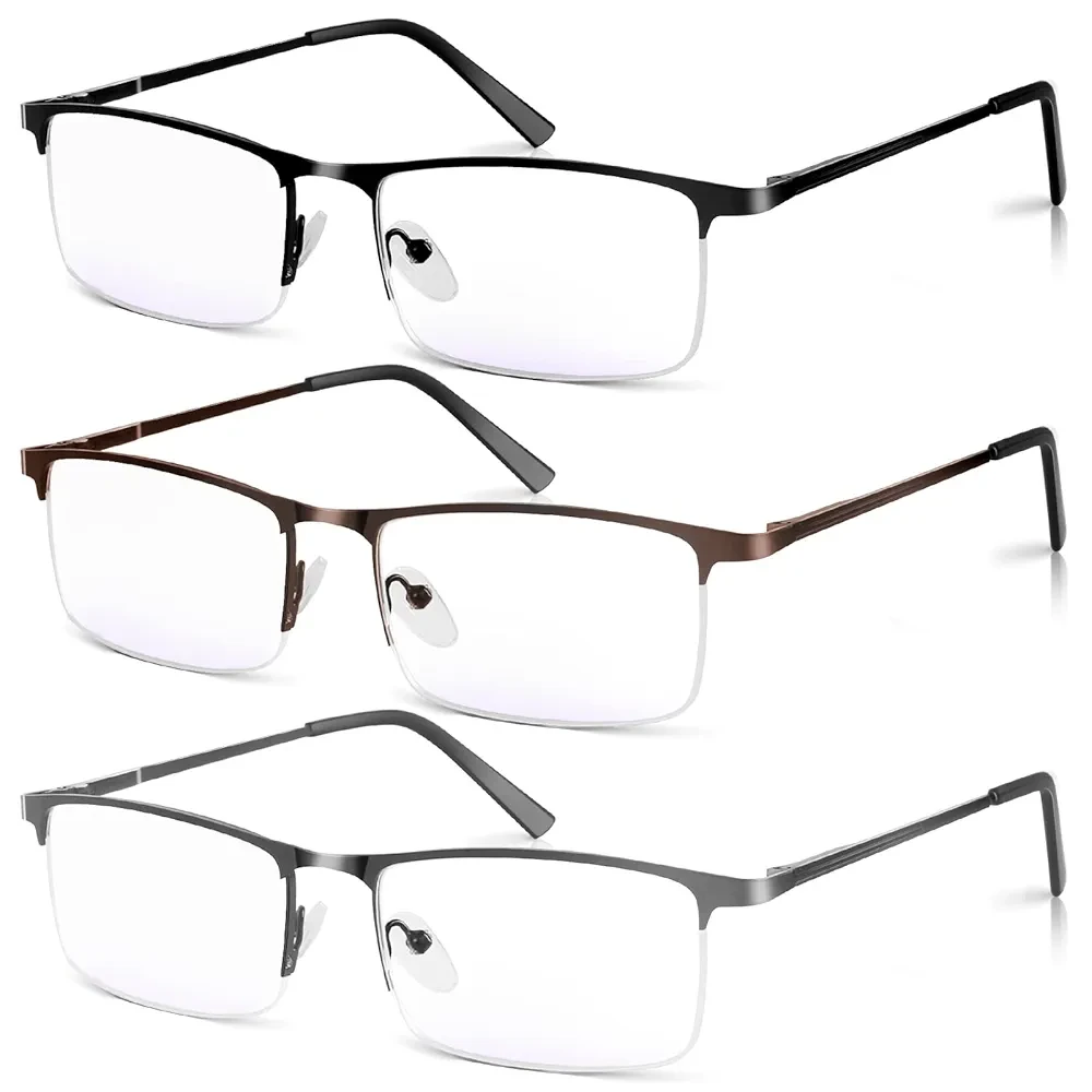 3 Pack Blue Light Blocking Reading Glasses for Men, Stylish Half Frame Metal Computer Readers, Lightweight Spring Hinge Eyeglasses Anti Eyestrain/Glare/UV (Mix Color, Black+Grey+Brown, 2.5)