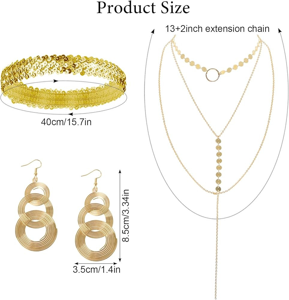6 Pieces 70s Gold Disco Accessories Set for Women 1970s Disco Costume Accessory Dangle Earrings Layered Necklace Bangle Bracelets Diamond Glasses Sequin Headband for Party Halloween Cosplay