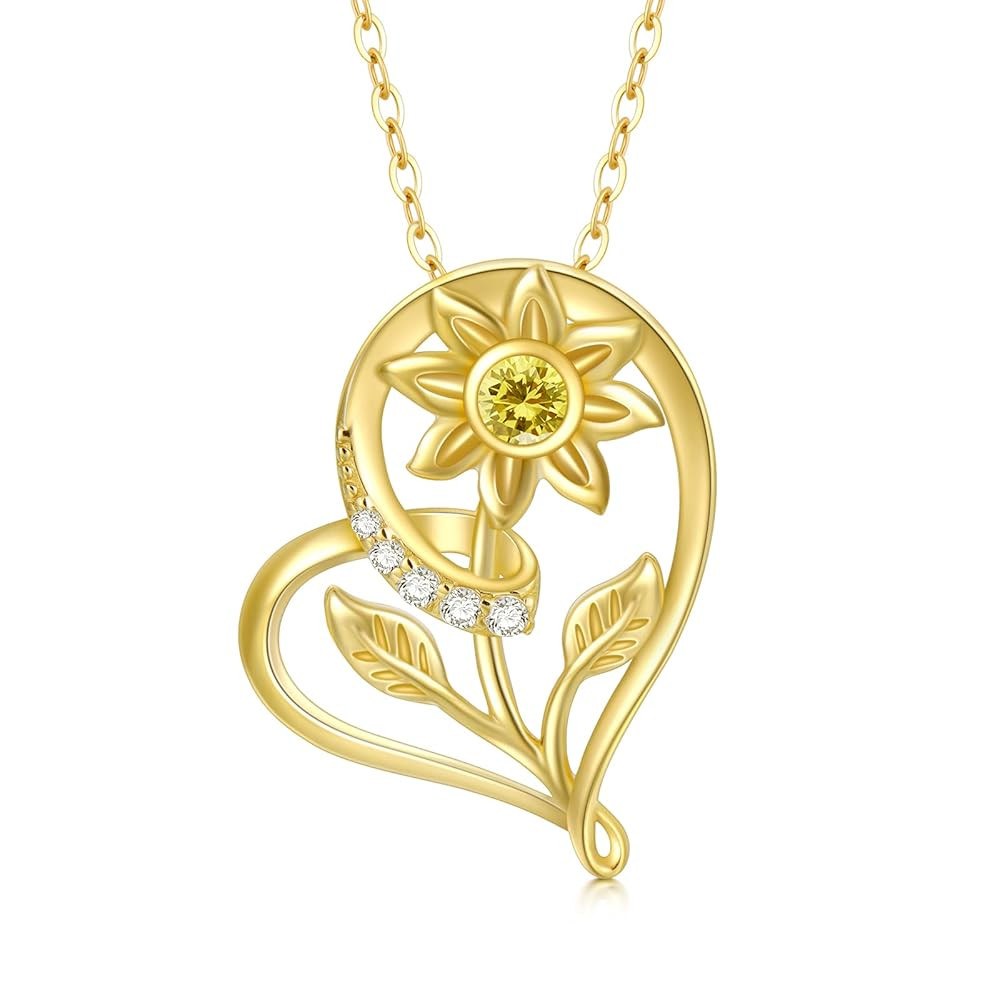 Solid 14k Gold Sunflower Heart Necklace for Women, Real Gold Flower Necklace You are May Sunshine Necklace Fine Jewelry Gifts for Wife, Mom,Girlfriend, 16''-18''