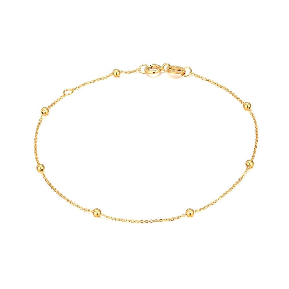 Solid 14K, 18K Gold Bracelets for Women, Real Gold Bead Thin Chain Bracelet