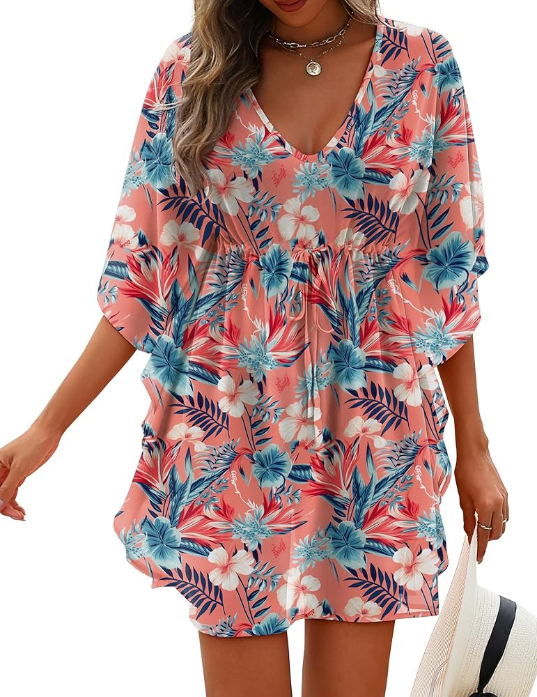 Womens Beach Swimsuit Coverup Sexy Sheer Bathing Suit Cover Up Dress Swimwear Tie Waist Chiffon Beachwear