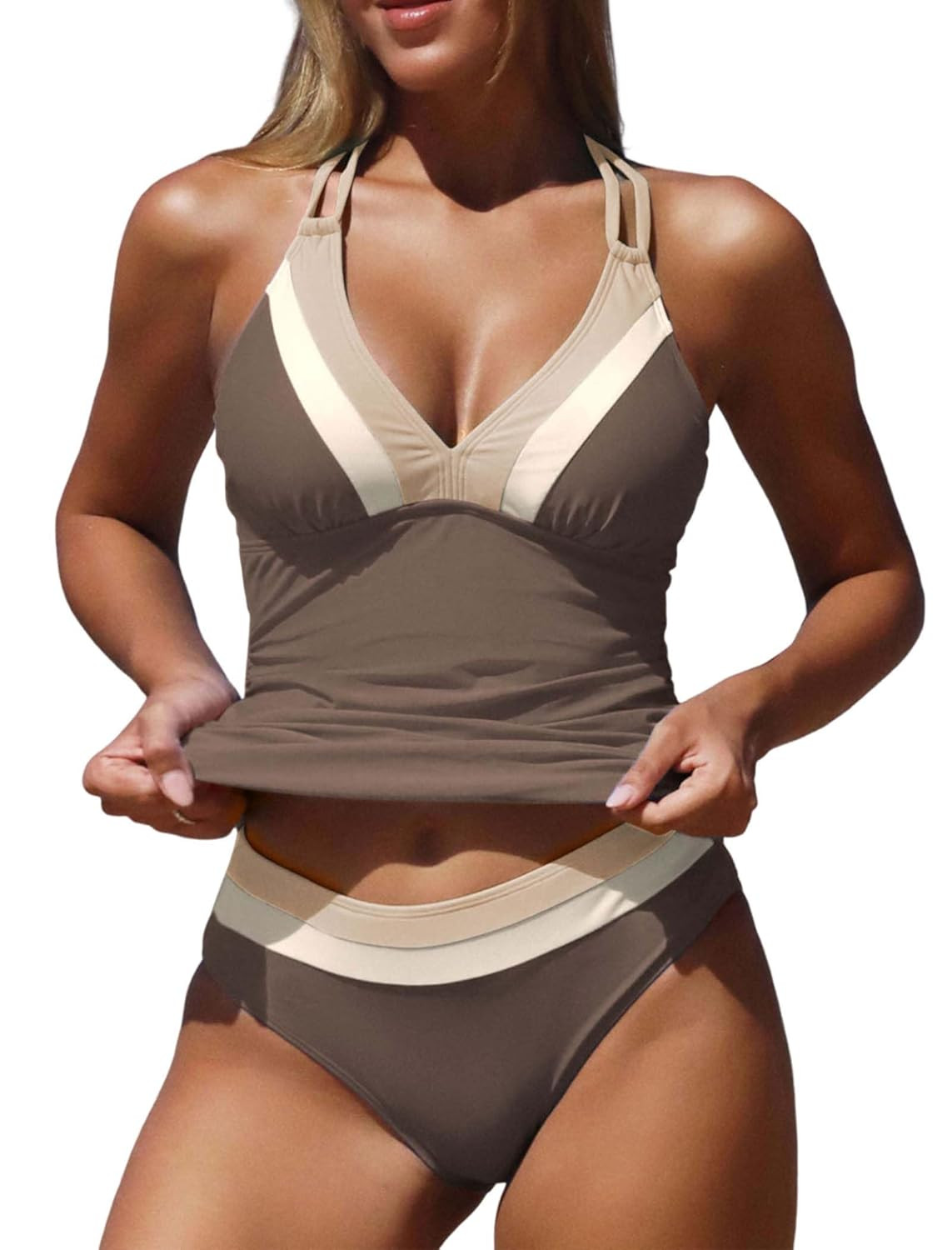 ZAFUL Tankini Swimsuits for Women Tummy Control Halter Neck Mid Waist Ruched Color Block Two Piece Bathing Suits Swimwear