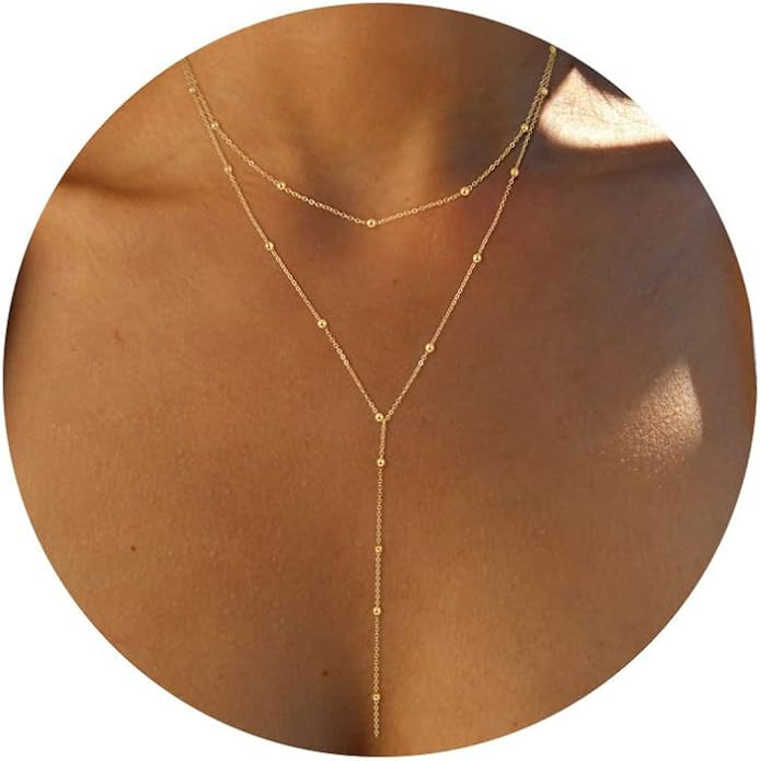 Foxgirl Lariat Gold Necklace for Women, Dainty Long Necklace 14k Gold Plated/Silver Y-Shaped Pendant Necklace Trendy Layered Cz Beaded Chain Drop Necklaces Simple Gold Jewelry For Women Gift